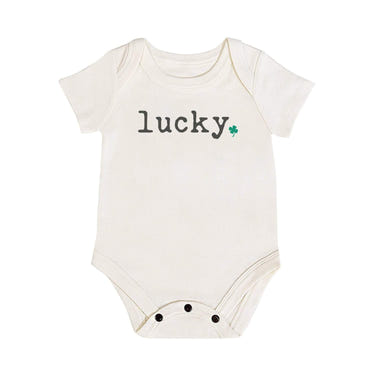 "Graphic lucky bodysuit for babies - short sleeve, cute and comfortable design."