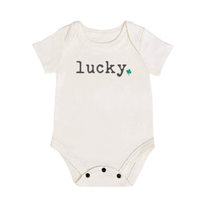 "Graphic lucky bodysuit for babies - short sleeve, cute and comfortable design."