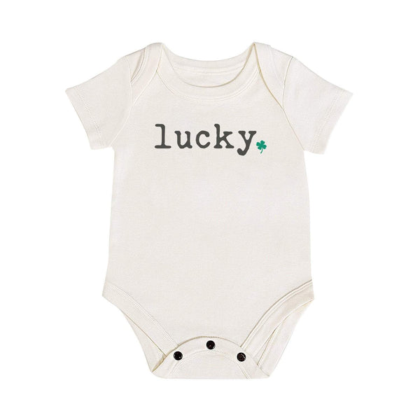 "Graphic lucky bodysuit for babies - short sleeve, cute and comfortable design."