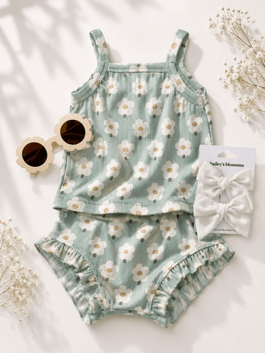 Luna Top & Bloomer Set - Green Daisy