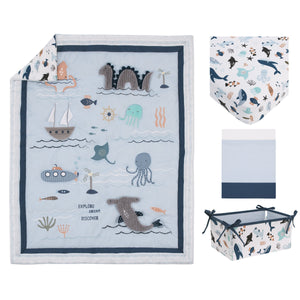 Explore Dream Discover Light Blue, Navy, Gray and Coral Ocean 4 Piece Nursery Crib Bedding Set - Comforter, 100% Cotton Fitted Crib Sheet, Crib Skirt and Nursery Organizer