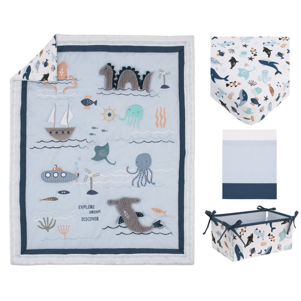 Explore Dream Discover Light Blue, Navy, Gray and Coral Ocean 4 Piece Nursery Crib Bedding Set - Comforter, 100% Cotton Fitted Crib Sheet, Crib Skirt and Nursery Organizer