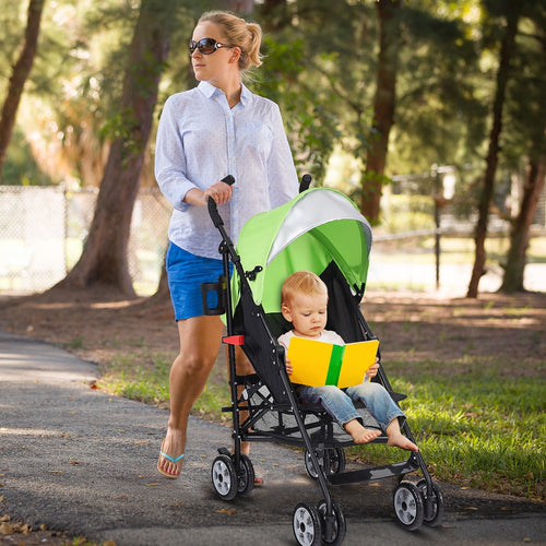 Lightweight folding baby umbrella stroller for travel, angled view showcasing compact design and portability.