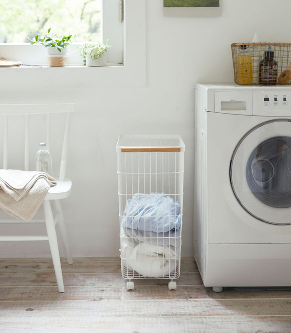 Rolling Wire Basket (24" H)  - Steel + Wood