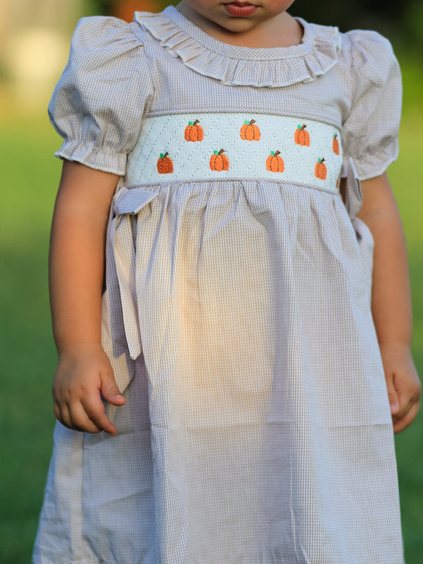 Fall Thanksgiving Pumpkin Embroidery Smock Plaid Girls Dress