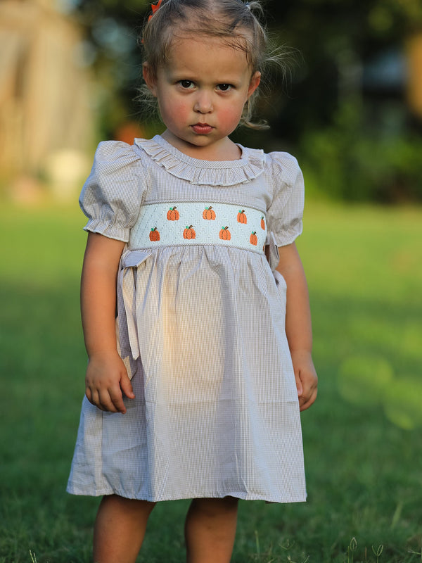 Fall Thanksgiving Pumpkin Embroidery Smock Plaid Girls Dress