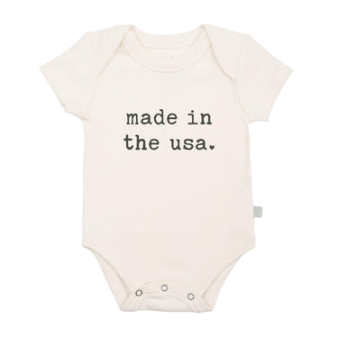 Graphic short sleeve bodysuit for babies, made in the USA, featuring a cute design.