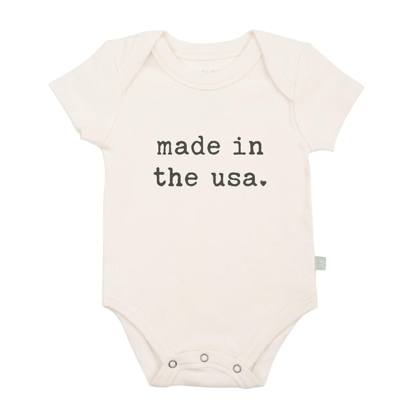 Graphic short sleeve bodysuit for babies, made in the USA, featuring a cute design.
