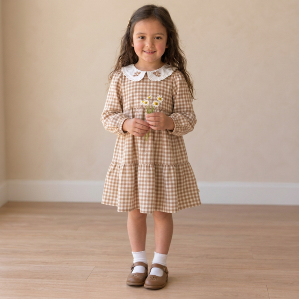 Organic Collar Tiered Dress - Oat Gingham