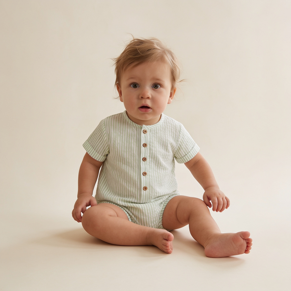 Organic Short Bubble Romper - Basil Stripes