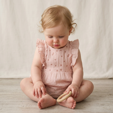 Organic Embroidered Ruffle Romper - Blush