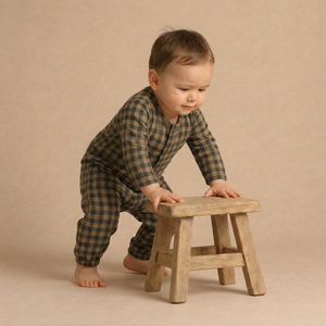 Organic Long Sleeve Button Romper - Olive Gingham