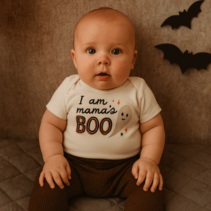 Graphic short sleeve bodysuit from Mamas Boo, showcasing a playful design for babies. Angle 2 view.