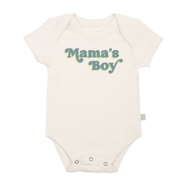 "Graphic short sleeve bodysuit for babies featuring 'Mama's Boy' design."