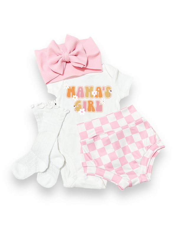Pink Checker Mama's Girl Bummies Set for babies, featuring a stylish two-piece design perfect for playtime.