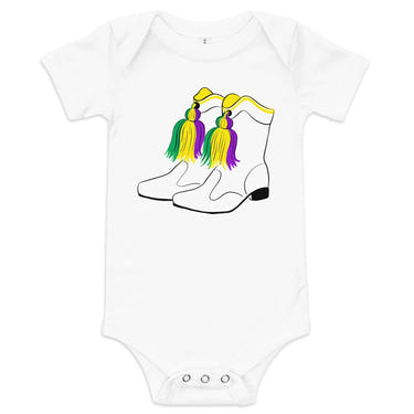 Mardi Gras Boots Baby Onesie - Colorful short sleeve bodysuit for festive baby outfits. Perfect for celebrations!