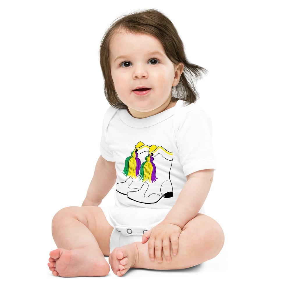 Mardi Gras Boots Baby Onesie - Colorful short sleeve bodysuit for festive baby outfits. Perfect for celebrations!