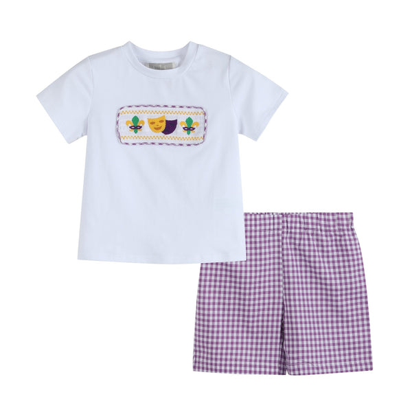 Mardi Gras Smocked Tee and Purple Gingham Shorts Set