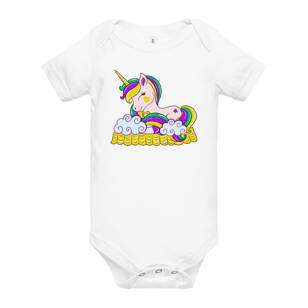 Mardi Gras Unicorn Baby Onesie - Colorful short sleeve bodysuit for infants, perfect for festive celebrations.