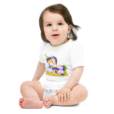 Mardi Gras Unicorn Baby Onesie - Colorful short sleeve bodysuit for infants, perfect for festive celebrations.