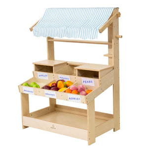 Cypress Wooden Market Stand for kids - pretend play shop with storage, perfect for indoor imaginative play.