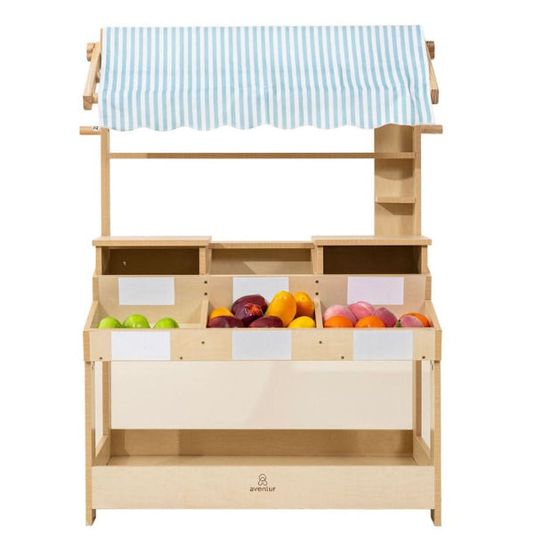 Cypress Wooden Market Stand for kids, perfect for pretend play and storage, showcased at angle 7.