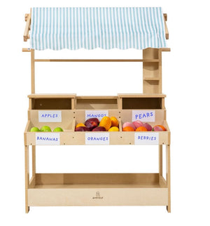 Cypress Wooden Market Stand for kids, perfect for pretend play and storage, showcased from angle 5.