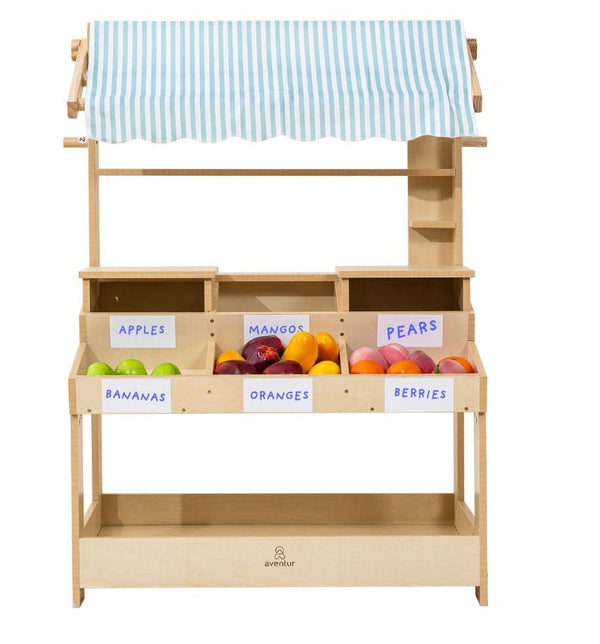 Cypress Wooden Market Stand for kids, perfect for pretend play and storage, showcased from angle 5.