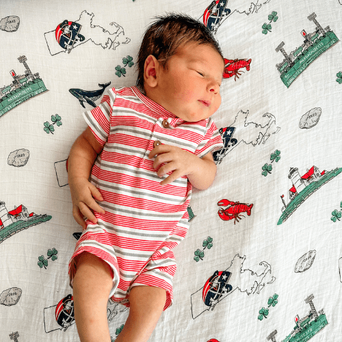 Massachusetts baby muslin swaddle blanket and burp cloth/bib combo gift set for infants.