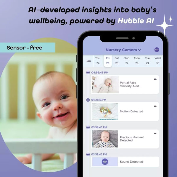 GoBaby AI Cam in stylish decor, showcasing smart baby monitoring features from an angled perspective.
