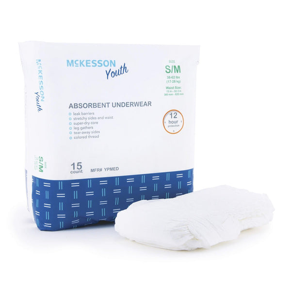 McKesson Unisex Youth Absorbent Underwear in angle view, designed for comfort and protection for active kids.