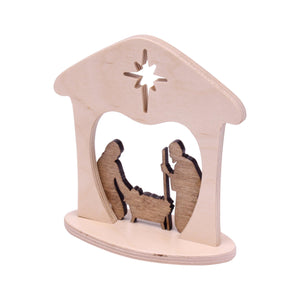 Wooden manger scene nativity set, perfect for Christmas mantel or shelf decor, viewed from angle 5.