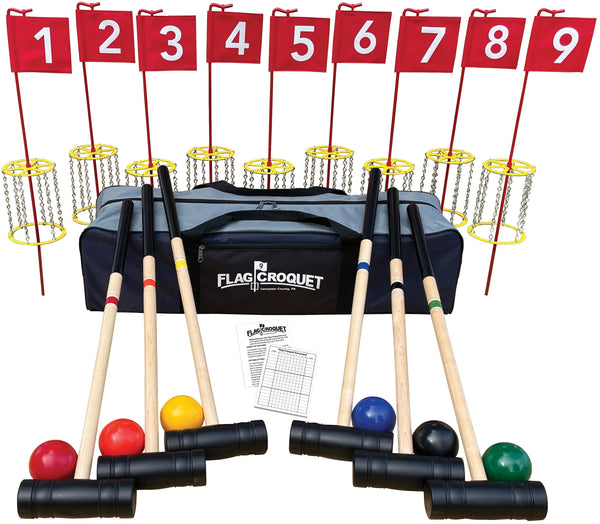 Amish-Made Deluxe Flag Croquet Golf Game Set with Duffel Bag, perfect for outdoor family fun and sports activities.