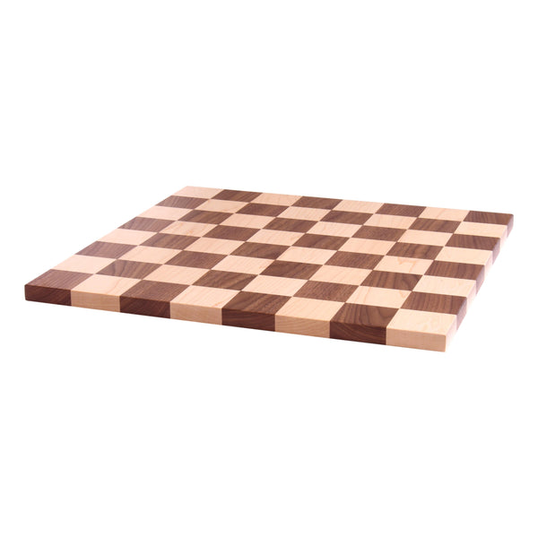 Maple/Walnut 18" Chess and Checkers Wooden Game Board at angle, perfect for family game nights and kids' playtime.