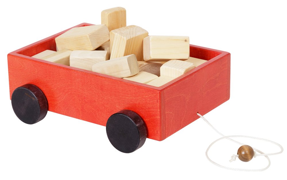 Amish-Made Wooden Toddler Pull Wagon Toy with Wood Building Blocks