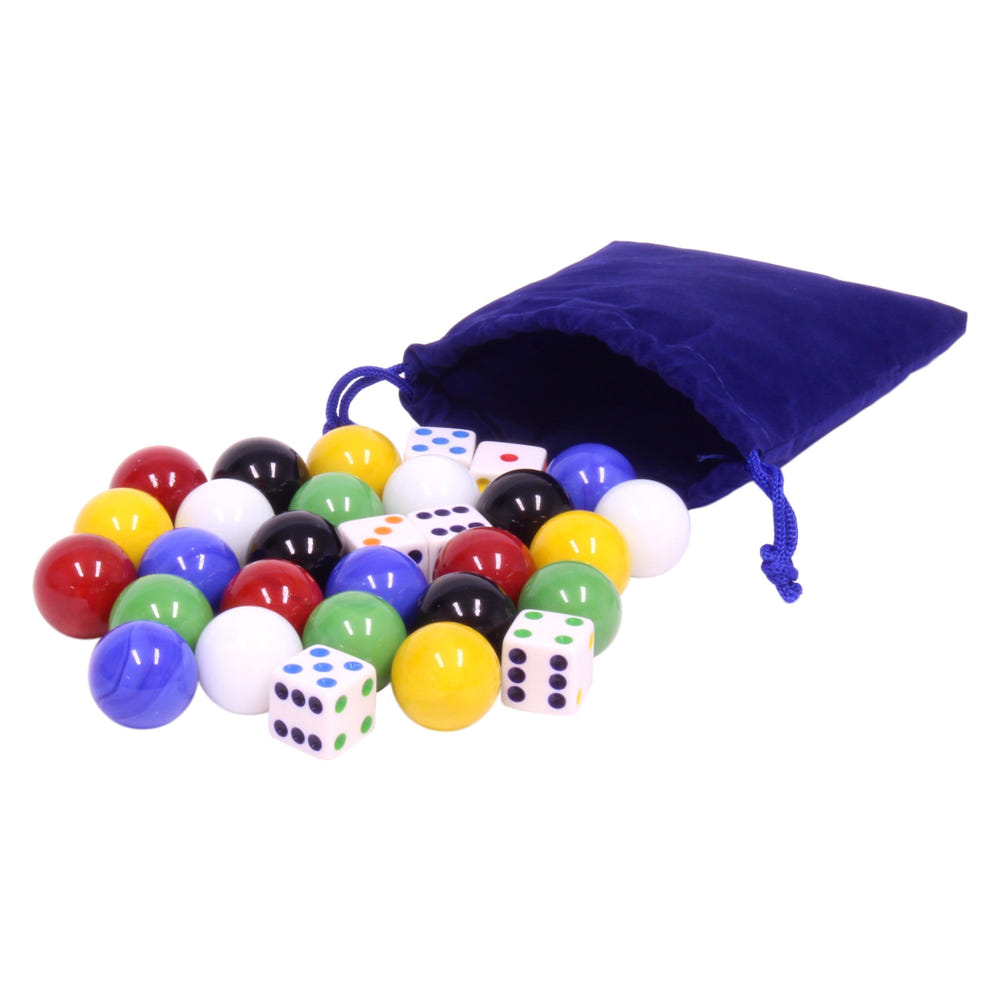 Large glass marbles and dice set for kids' games and puzzles, featuring 24 marbles and 6 dice in a game bag.