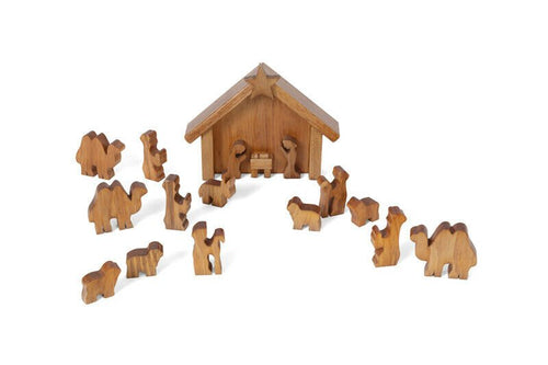 Wooden Nativity Manger Scene Set, 14 pieces, from AmishToyBox.com, showcasing a charming angle view of the toy set.