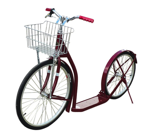 Amish-made deluxe kick scooter bike with 24" front and 20" rear wheels, angled view showcasing its design and features.