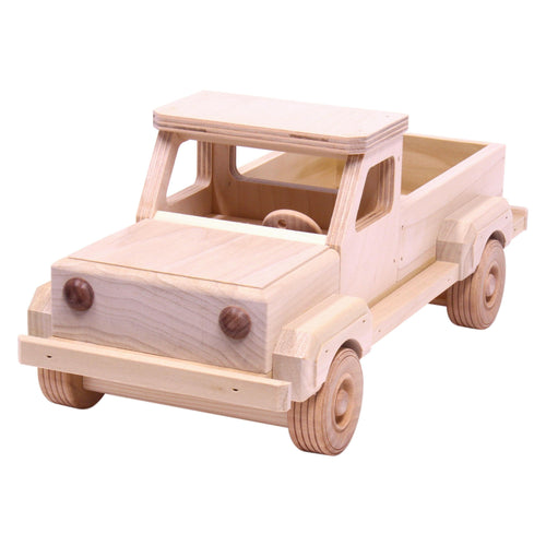 Amish-made wooden pickup truck toy with hitch, unfinished, perfect for imaginative play and farming fun.
