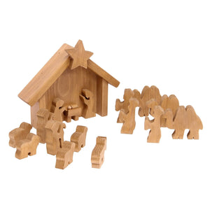 Wooden Nativity Manger Scene Set, 14 pieces from AmishToyBox.com, showcasing detailed craftsmanship and vibrant colors.