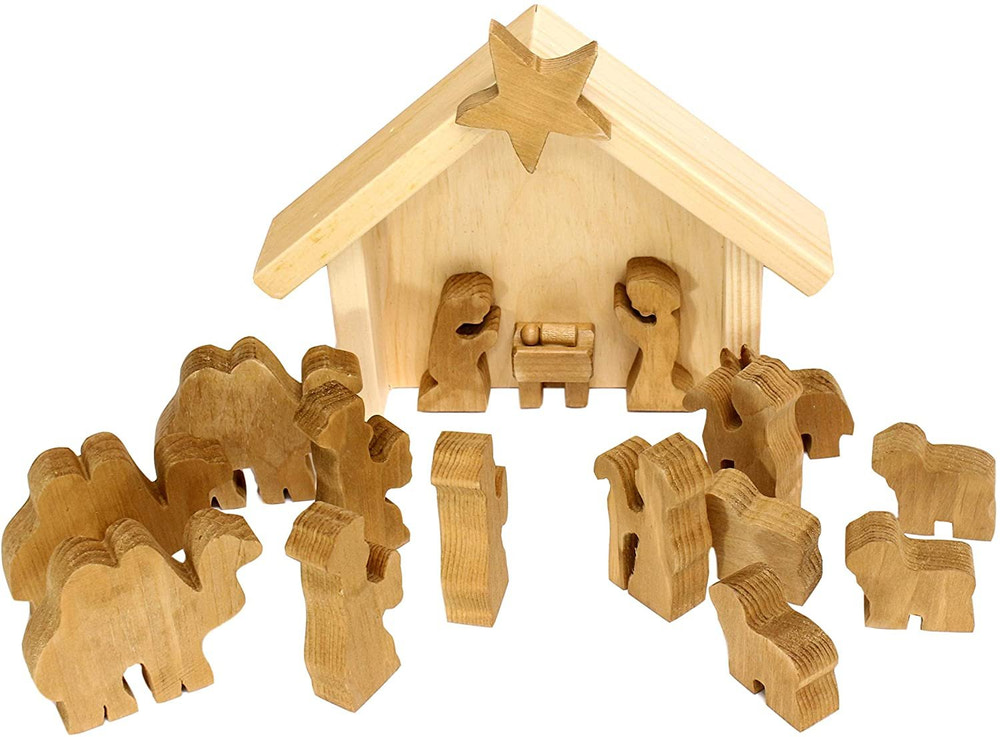 Wooden Nativity Manger Scene Set, 14 pieces from AmishToyBox.com - perfect for imaginative play and holiday decor.