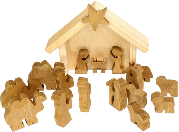 Wooden Nativity Manger Scene Set, 14 pieces, from AmishToyBox.com, showcasing a charming angle view of the toys.