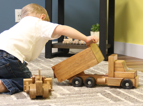 Amish Toy Box Wooden Dump Truck Large 15"L and Small 7"L