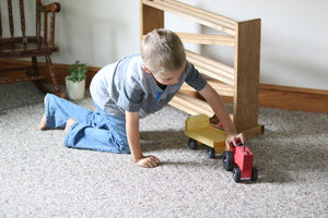 Amish-made wooden toy tractor and wagon set with hay bales, viewed from angle 3. Perfect for imaginative play!