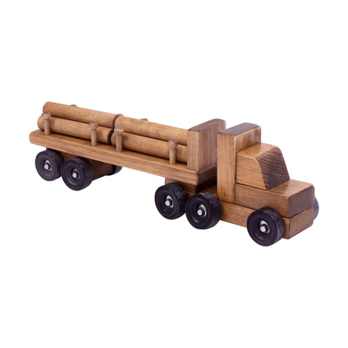 Amish-made wooden log semi truck toy with removable logs, perfect for imaginative play.