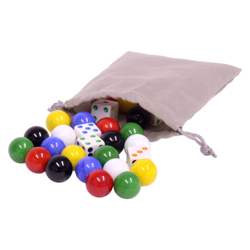 Large glass marbles and dice set for Aggravation game, includes 24 marbles (18mm) and 6 dice, perfect for family fun.
