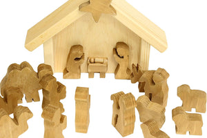 Wooden Nativity Manger Scene Set, 14 pieces, from AmishToyBox.com, showcasing a charming holiday display for kids.