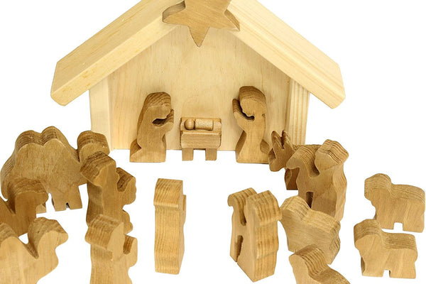Wooden Nativity Manger Scene Set, 14 pieces, from AmishToyBox.com, showcasing a charming holiday display for kids.