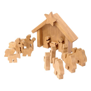 Wooden Nativity Manger Scene Set, 14 pieces from AmishToyBox.com, showcasing quality craftsmanship in a charming design.