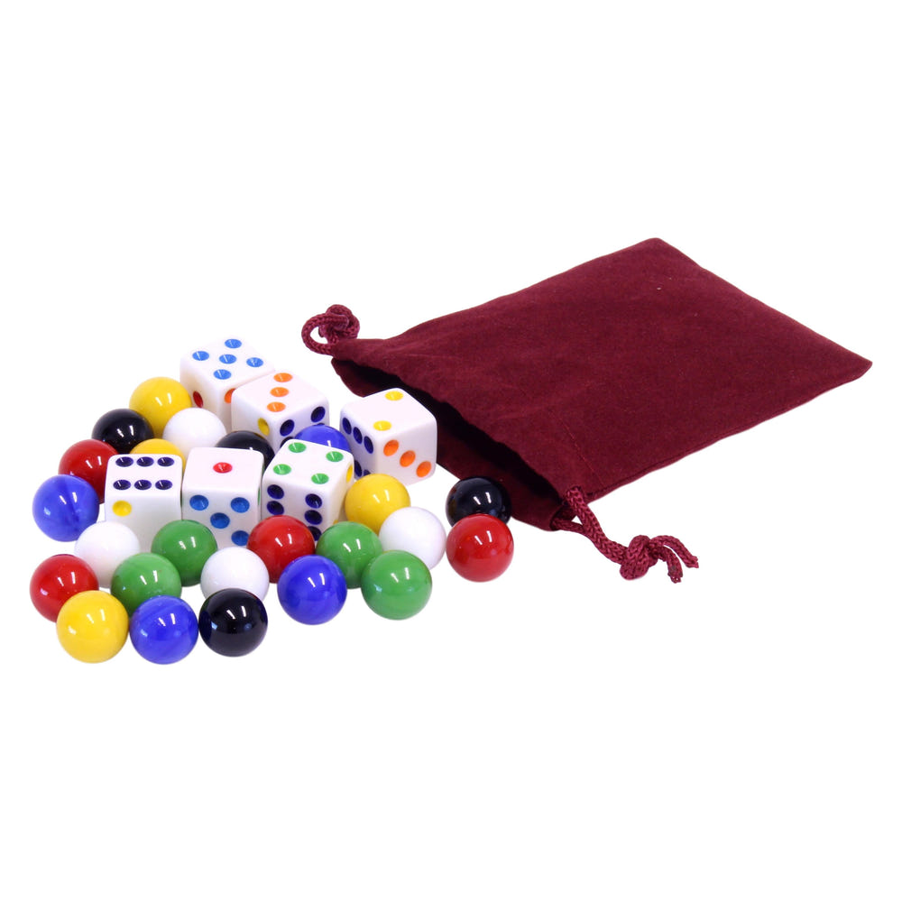Game bag with 24 glass marbles and 6 dice for Aggravation game, perfect for family fun and entertainment.